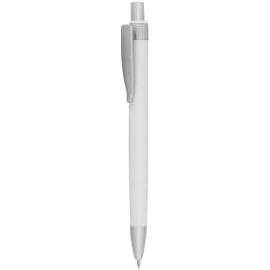 A white plastic pen with a silver clip and tip, featuring a simple design and a logo on the barrel.