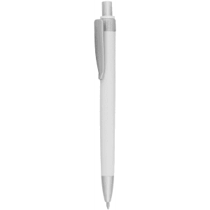 A plastic pen in white with a silver clip and tip, featuring a smooth design and branding.
