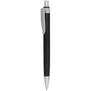 A plastic pen in black and silver, featuring a clip and a smooth barrel design. Branding is visible on the pen.