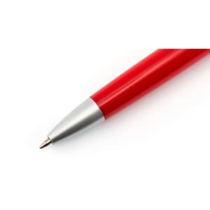 A red plastic pen with a silver tip and a branding logo.