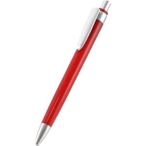 A red plastic pen with a silver clip and tip, featuring a sleek design and polished finish.