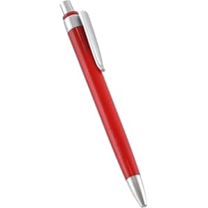 A red plastic pen with a silver clip and detailing. The pen has a sleek, modern design and includes a logo.