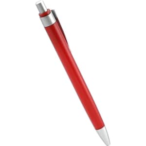 A red plastic pen with a silver clip and tip, featuring a logo on the barrel.
