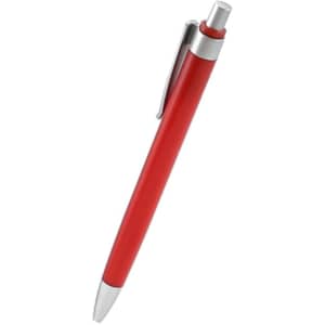 A red plastic pen with a silver clip and button, featuring a smooth barrel design and a pointed tip.