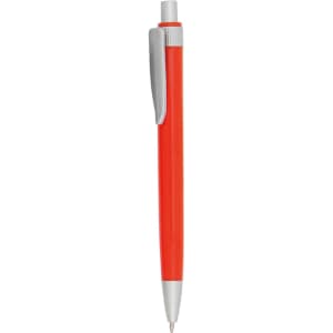 A red plastic pen with a silver clip and a smooth barrel design. It features a small branding logo.