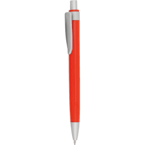 A red plastic pen with a silver clip and accents, featuring a smooth design and a branding logo.