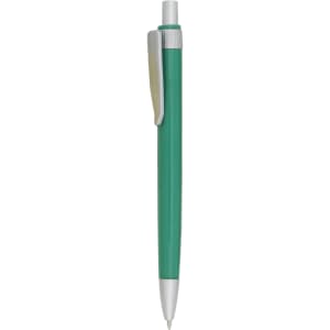 A green plastic pen with a silver clip and details. The pen has a sleek, modern design.