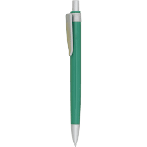 A green plastic pen with a silver clip and tip, featuring a simple sleek design. It has a branding logo.