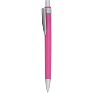 A plastic pen in vibrant pink with a silver clip and tip. Features a sleek, modern design.