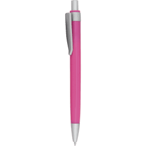 A pink plastic pen with a silver trim and clip, featuring a logo on its body.
