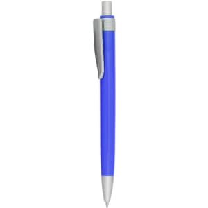 A blue plastic pen with a silver clip and a silver accent on the top. The pen has a modern design and branding.