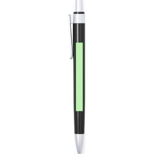 A black plastic pen with a silver clip and a light green accent. Features a logo on the barrel.