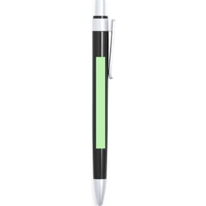 A black plastic pen with a green accent and silver details, featuring a clip and a smooth tip.