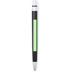 A plastic pen with a black body, silver accents, and a green section. Features a branding logo.