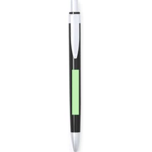A plastic pen in black with a green section and a silver nib, featuring a logo on the body.