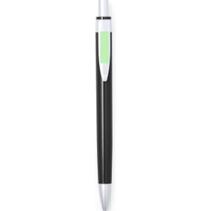 A plastic pen in black with a green accent and silver trim, featuring a logo on the barrel.