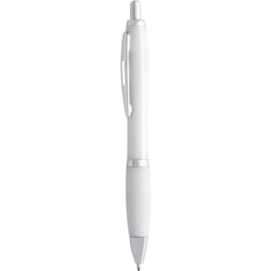 A white plastic pen with a silver clip and tip, featuring a simple design and a logo on the barrel.