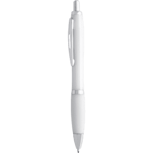 A white plastic pen with silver accents and a clip, featuring a branding logo.
