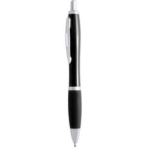 A black plastic pen with silver accents and a textured grip, featuring a clip and a logo.