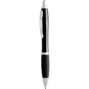 A black plastic pen with silver accents and a textured grip, featuring a clip and a branding logo.