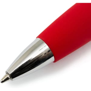 A red pen with a shiny silver tip and a textured grip, featuring a logo on its body.