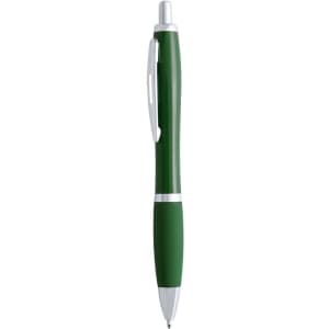 A green plastic pen with silver accents and a clip, featuring a branding logo.