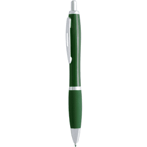 A green plastic pen with silver accents and a clip, featuring branding on the body.