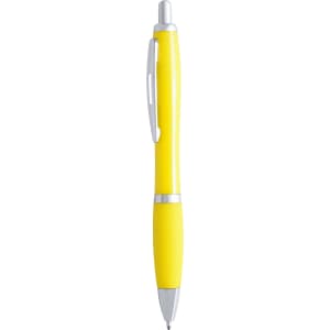 A yellow plastic pen with silver accents, featuring a clip for attachment.