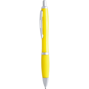 A yellow plastic pen with a silver trim and clip, featuring a sleek design and a logo.