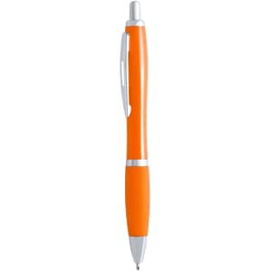 An orange plastic pen with silver accents and a clip, featuring a logo.