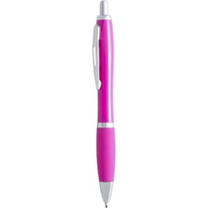 A pink plastic pen with a silver clip and tip, featuring a smooth finish and a rounded shape.
