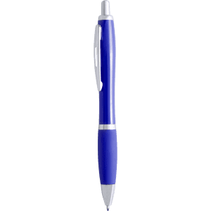 A blue plastic pen with a silvery clip, featuring a smooth design and a logo on the barrel.