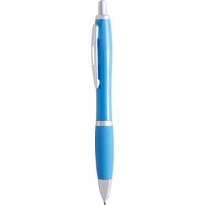 A plastic pen in shades of blue with a silver clip and trim features. It has a sleek, modern design.