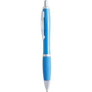 A blue plastic pen with a silver clip and tip, featuring a logo on the barrel.