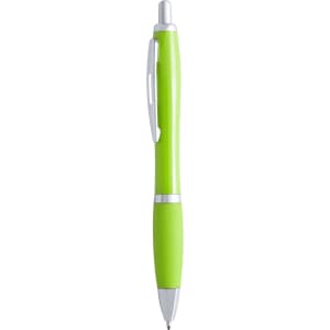 A plastic pen in bright green with silver detailing and a clip for easy attachment.