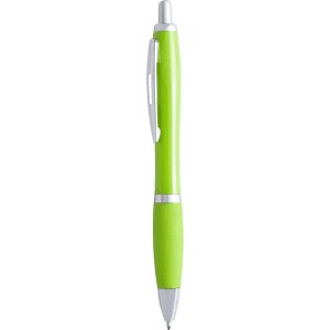 A green plastic pen with a silver clip and tip, featuring a logo.