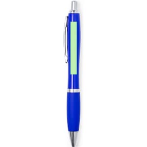 A blue plastic pen with a silver clip and a smooth grip section. The pen features a branding area.