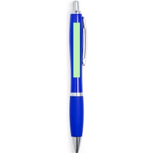 A blue plastic pen featuring a silver clip and a smooth writing tip. The pen has a blank area for branding.