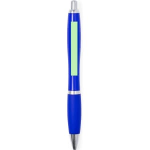 A blue plastic pen with a sleek design and a metallic accent. It features a logo on the surface.