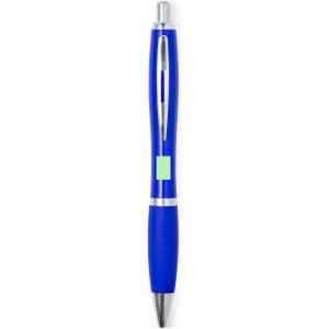A blue plastic pen with a silver clip and grip, featuring a logo on the barrel.