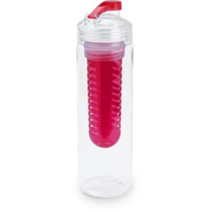 A drink bottle with a clear body and a bright pink infuser. It features a secure lid and a logo on the side.