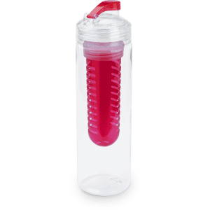 A drink bottle made of clear material with a pink infuser and a detachable lid. It features a logo on the body.