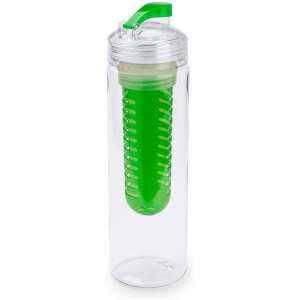 A drink bottle in clear plastic with a green infuser and a flip-top lid features a logo on the side.