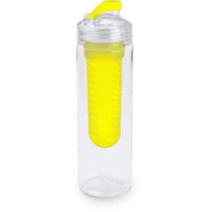 A drink bottle in clear plastic with a bright yellow infuser and a flip-top lid. It features a logo on the side.