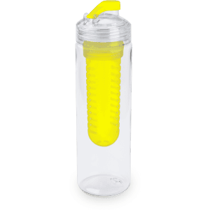 A drink bottle featuring a clear body with a yellow infuser and a yellow lid. It has a logo on the side.