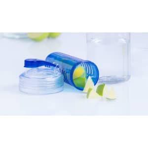 A drink bottle in blue with a clear cap and lime slices beside it. Features a logo.