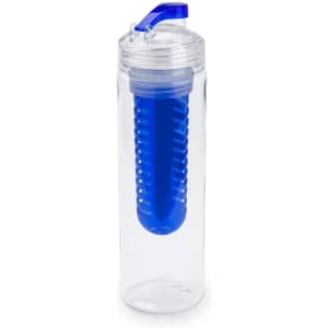 A drink bottle featuring a clear design with a blue infuser and a blue flip-top lid. It includes a logo on the side.