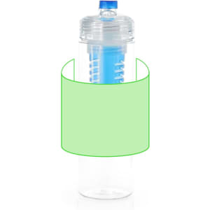 A drink bottle featuring a clear body with a blue lid and a blue filter inside. The bottle has a circular branding area.
