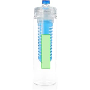 A drink bottle with a transparent body and a blue infuser inside, featuring a clear lid and a logo.