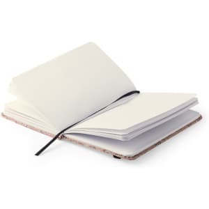 A notepad with blank pages, featuring a textured cover and a black ribbon bookmark.
